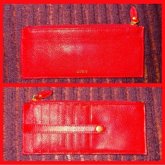 Lodis Red Leather Long Wallet slim Card & Zip Wallet with Gold tone accents - Picture 7 of 9